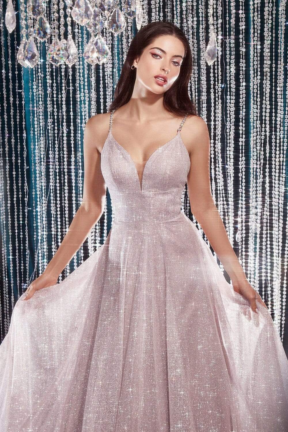 Cinderella Divine - CD205 Plunging V-neck Glitter A-line Dress - view 6