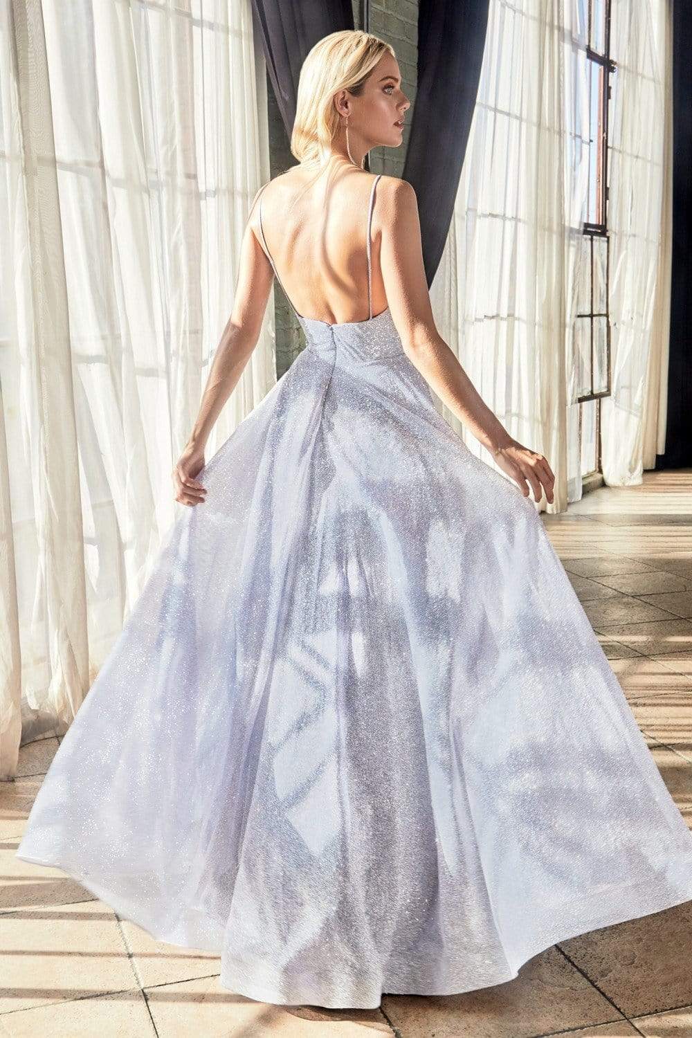 Cinderella Divine - CD205 Plunging V-neck Glitter A-line Dress - back view