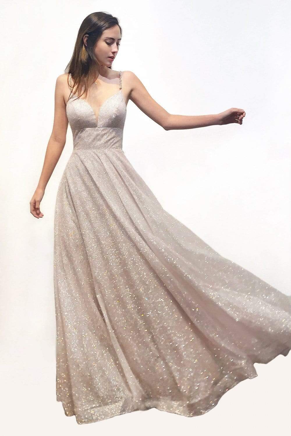 Cinderella Divine - CD205 Plunging V-neck Glitter A-line Dress - view 4