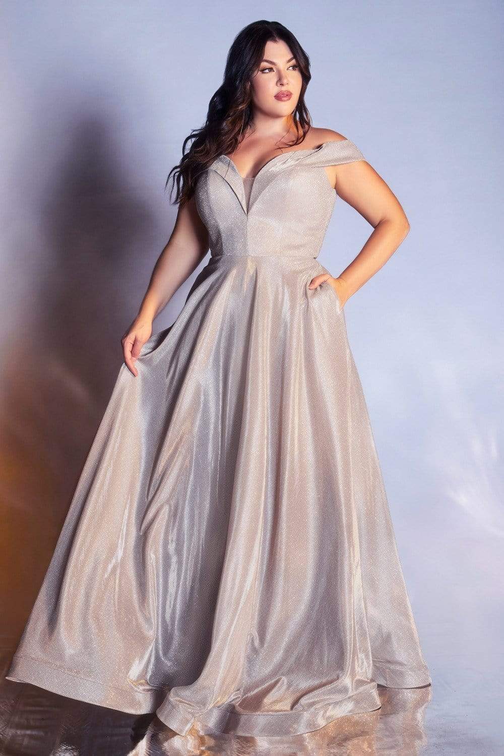 Cinderella Divine - CD210C Metallic Glitter One Shoulder A-Line Gown - view 5