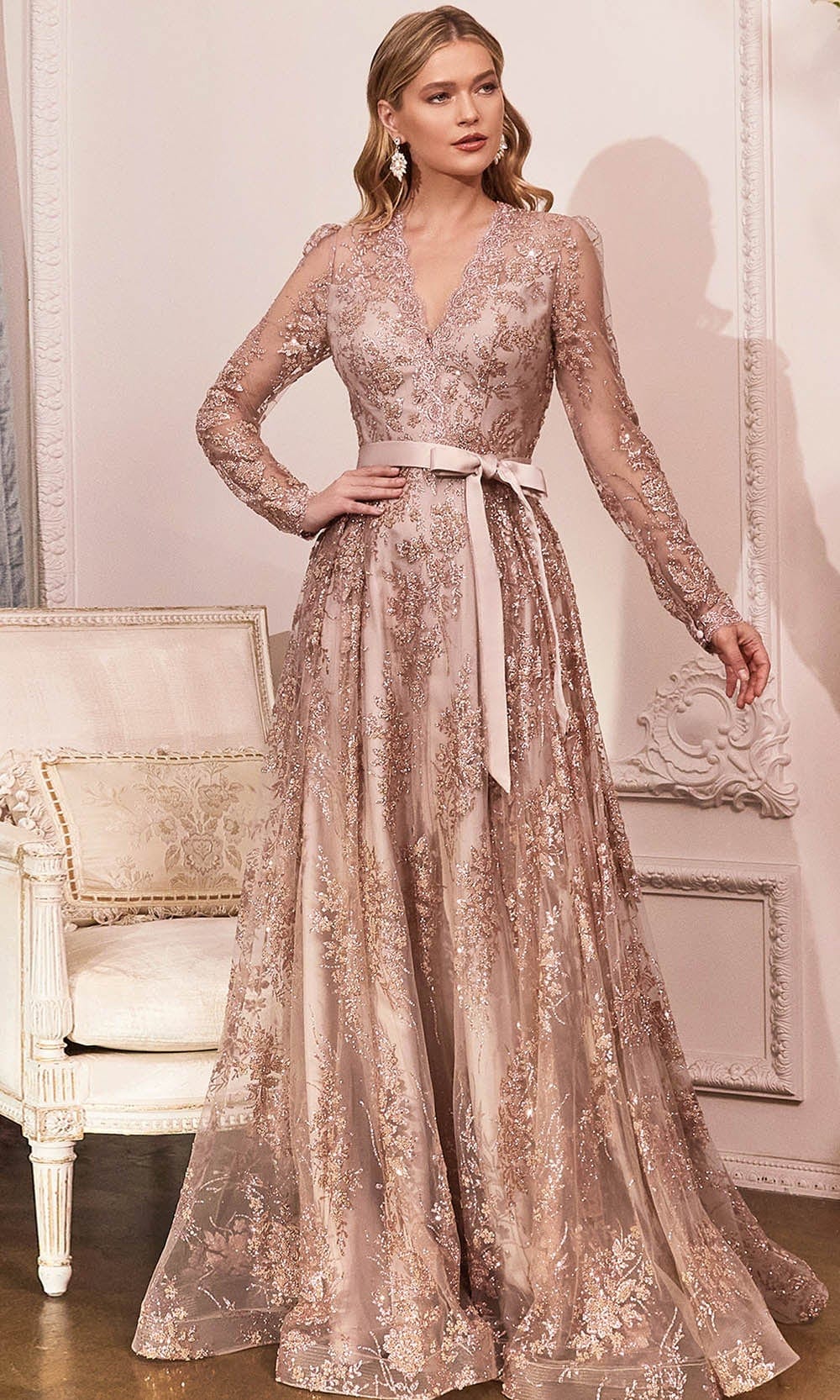 Cinderella Divine CD233 - Long Sleeve V-neck Gown - Silhouette Dresses