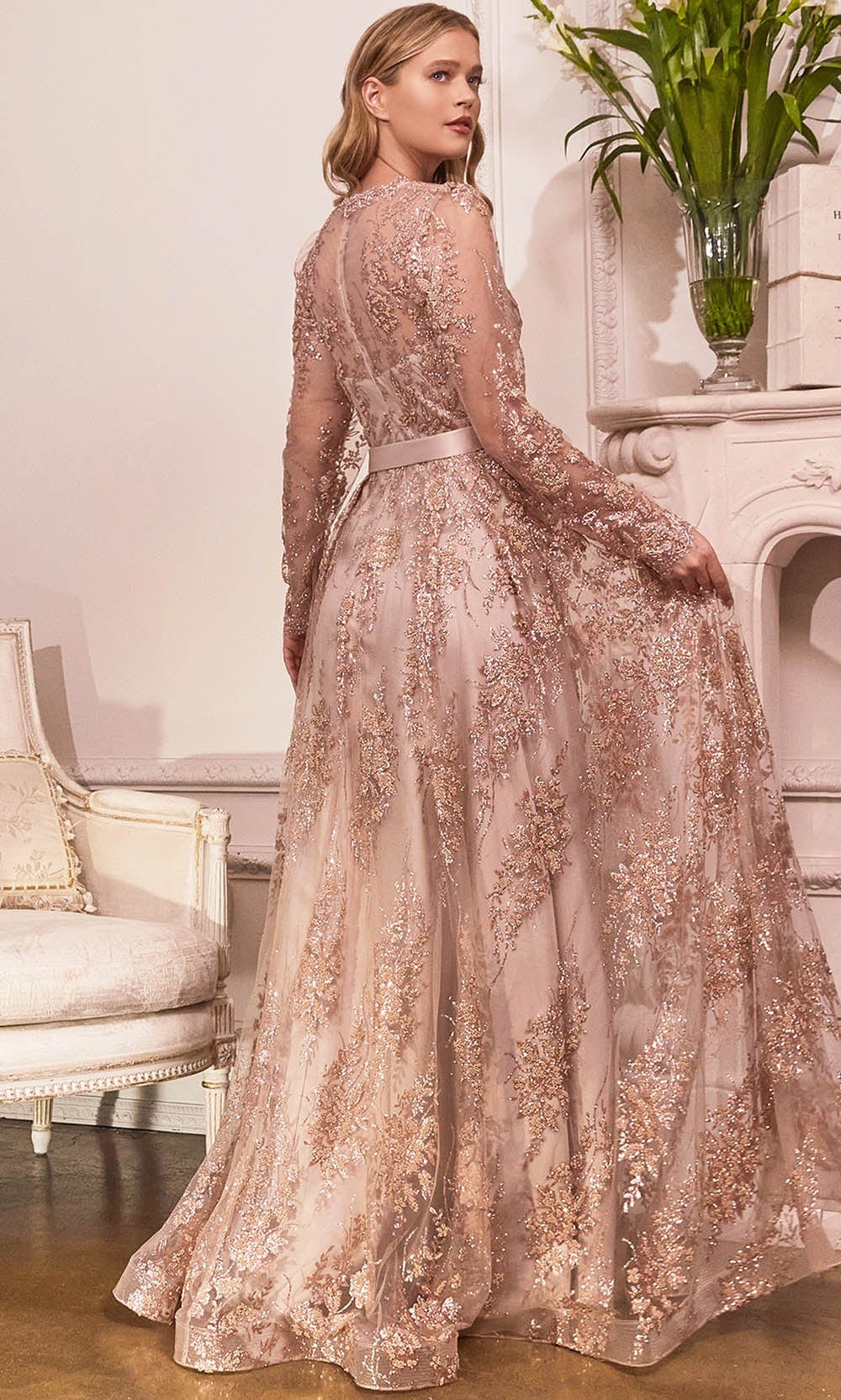 Cinderella Divine CD233 - Long Sleeve V-neck Gown - back view