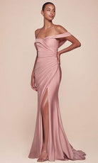 Cinderella Divine CD790C - Off Shoulder Satin Plus Gown - detail view