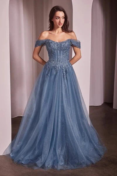 Cinderella Divine CD799 - Floral Embroidered Off-Shoulder Prom Gown - back view