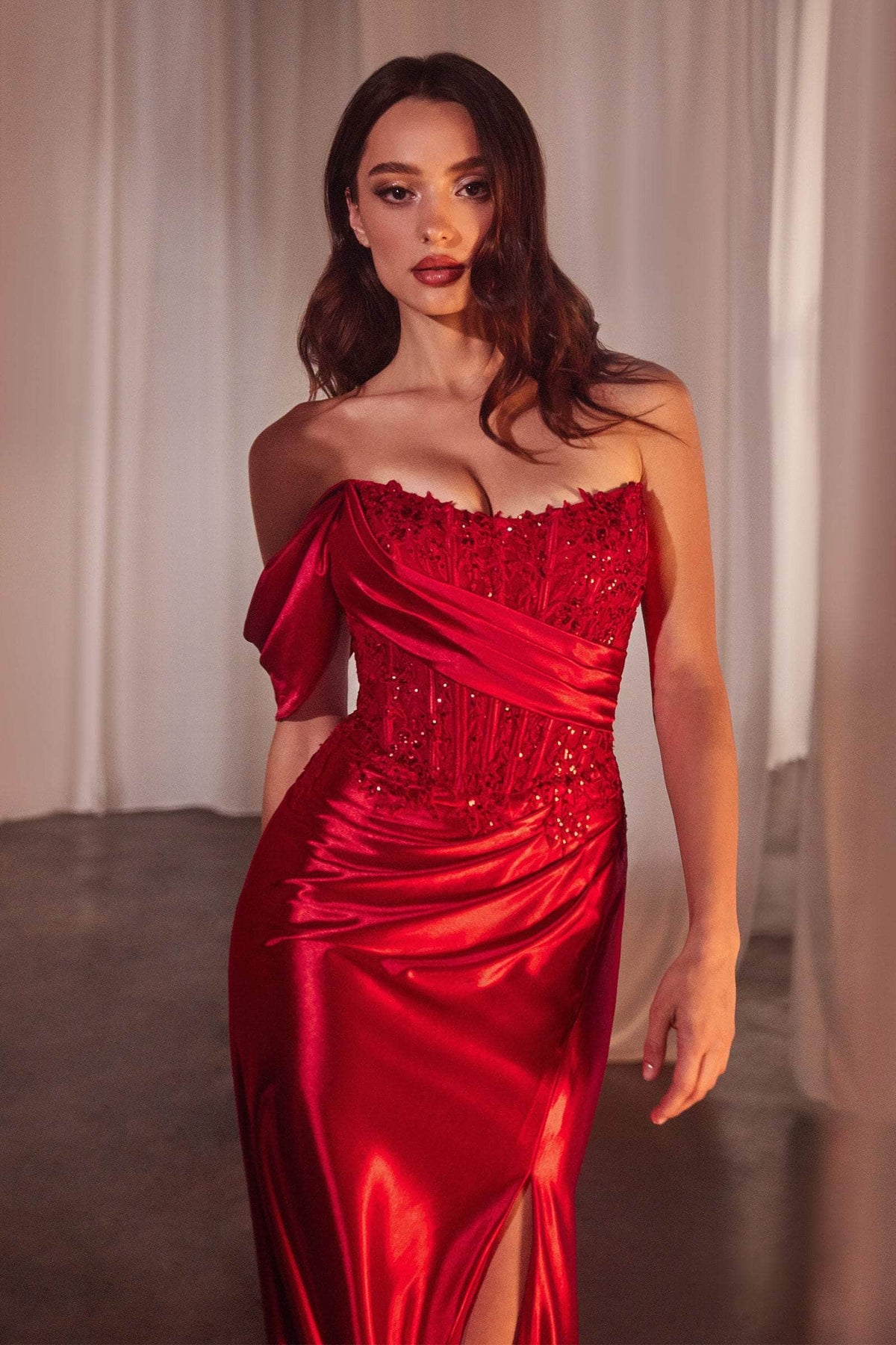 Cinderella Divine CD804 - Off-Shoulder Drape Detailed Evening Gown - view 4