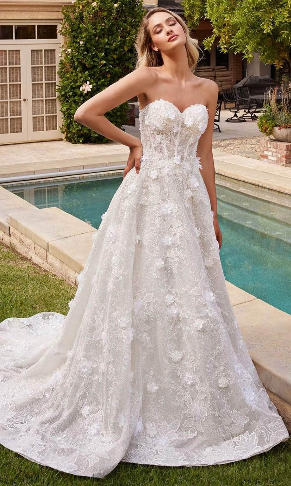 Cinderella Divine CD860W - Strapless Bridal Gown with Floral Appliques - detail view