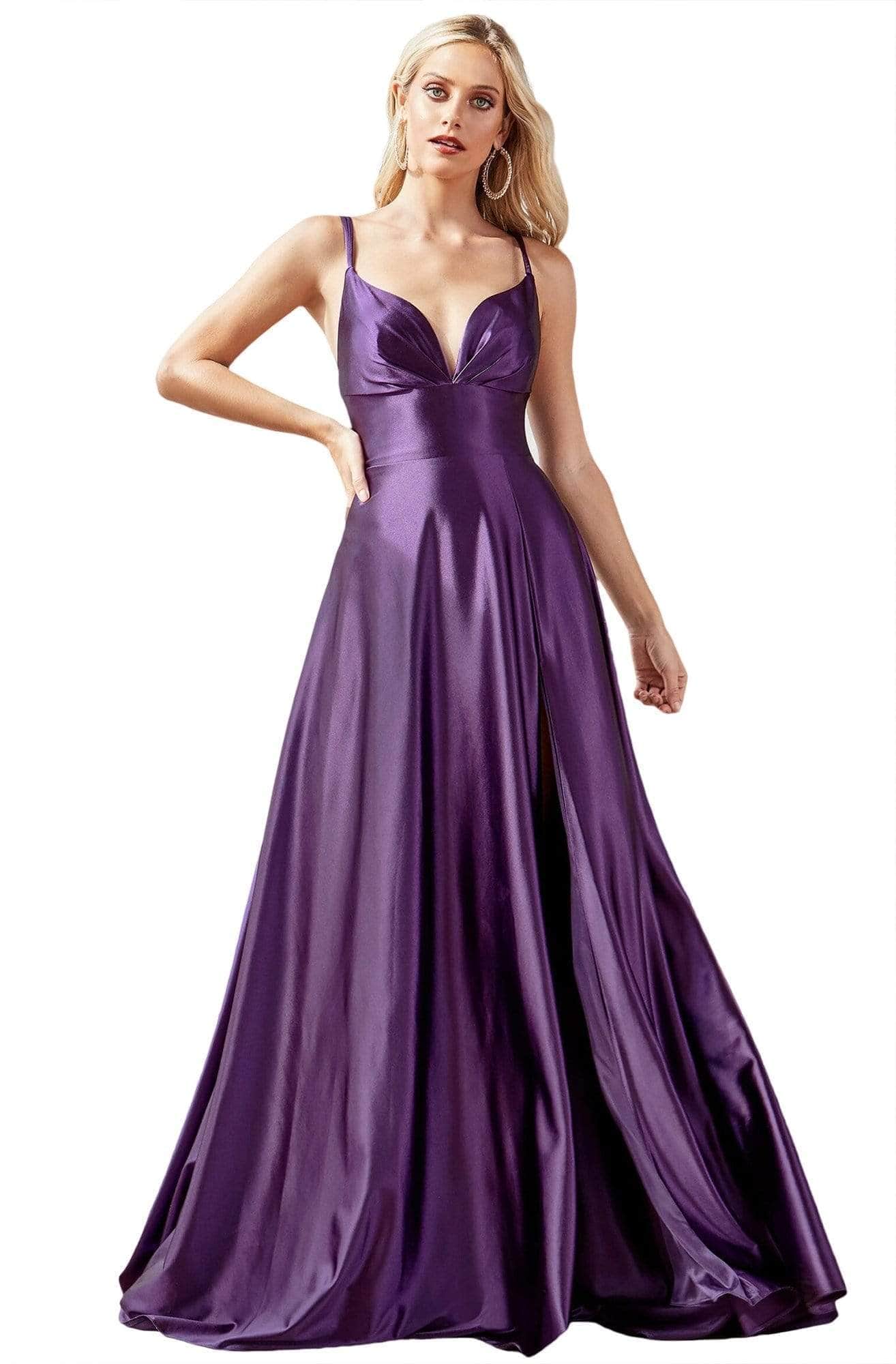 Cinderella Divine CD903 - Deep V-Neck Satin Evening Gown - Silhouette Dresses