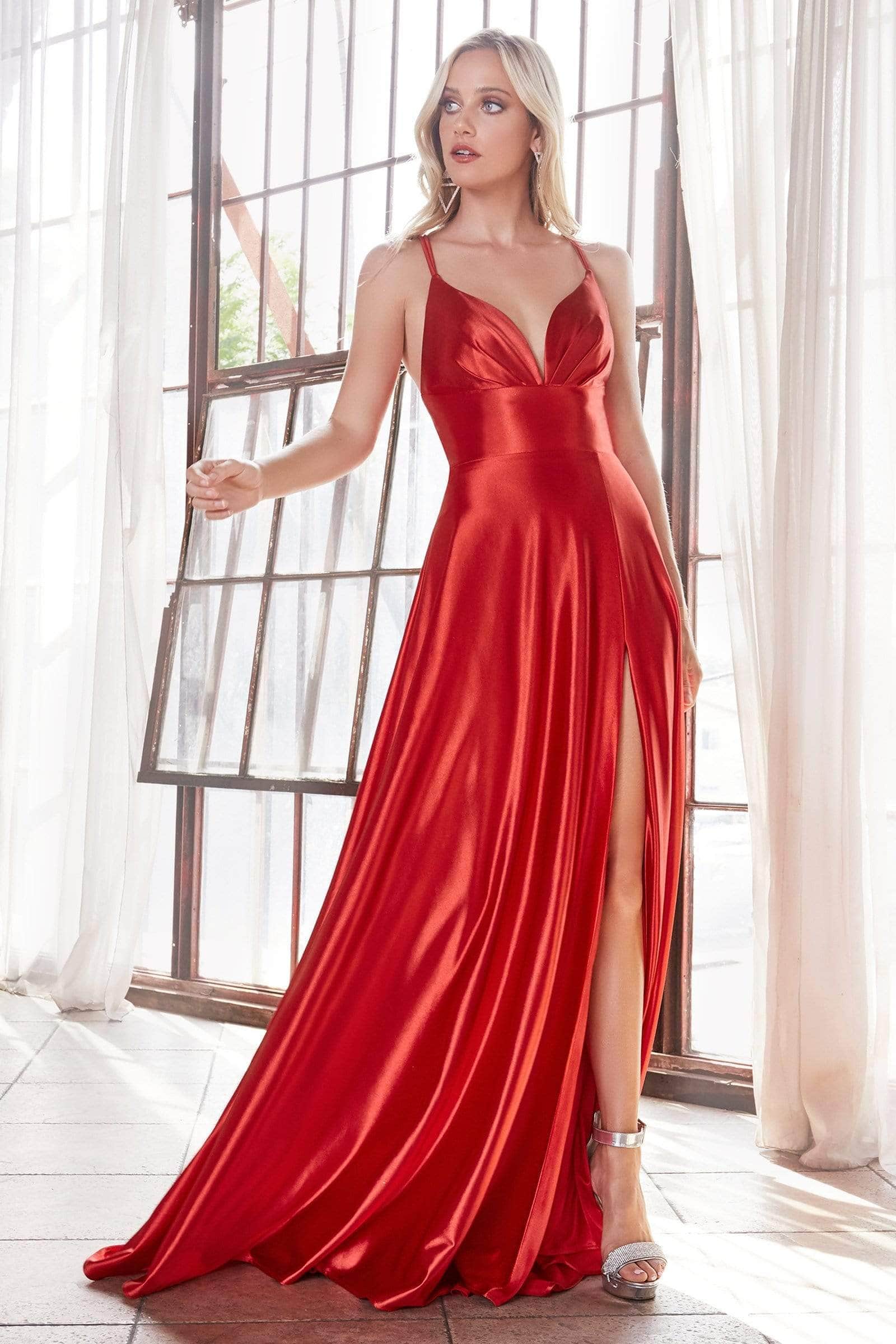 Cinderella Divine CD903 - Deep V-Neck Satin Evening Gown - view 11