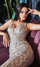 Cinderella Divine - CD935 Beaded Plunging Bodice Junior Prom Mermaid Gown - detail view