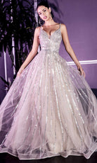 Cinderella Divine - CD940 Metallic Beaded V-Neck Junior Prom Long Gown - designer prom dress at Silhouette Dresses