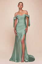 Cinderella Divine - CD943 Off-Shoulder High-Slit Modest Prom Dress