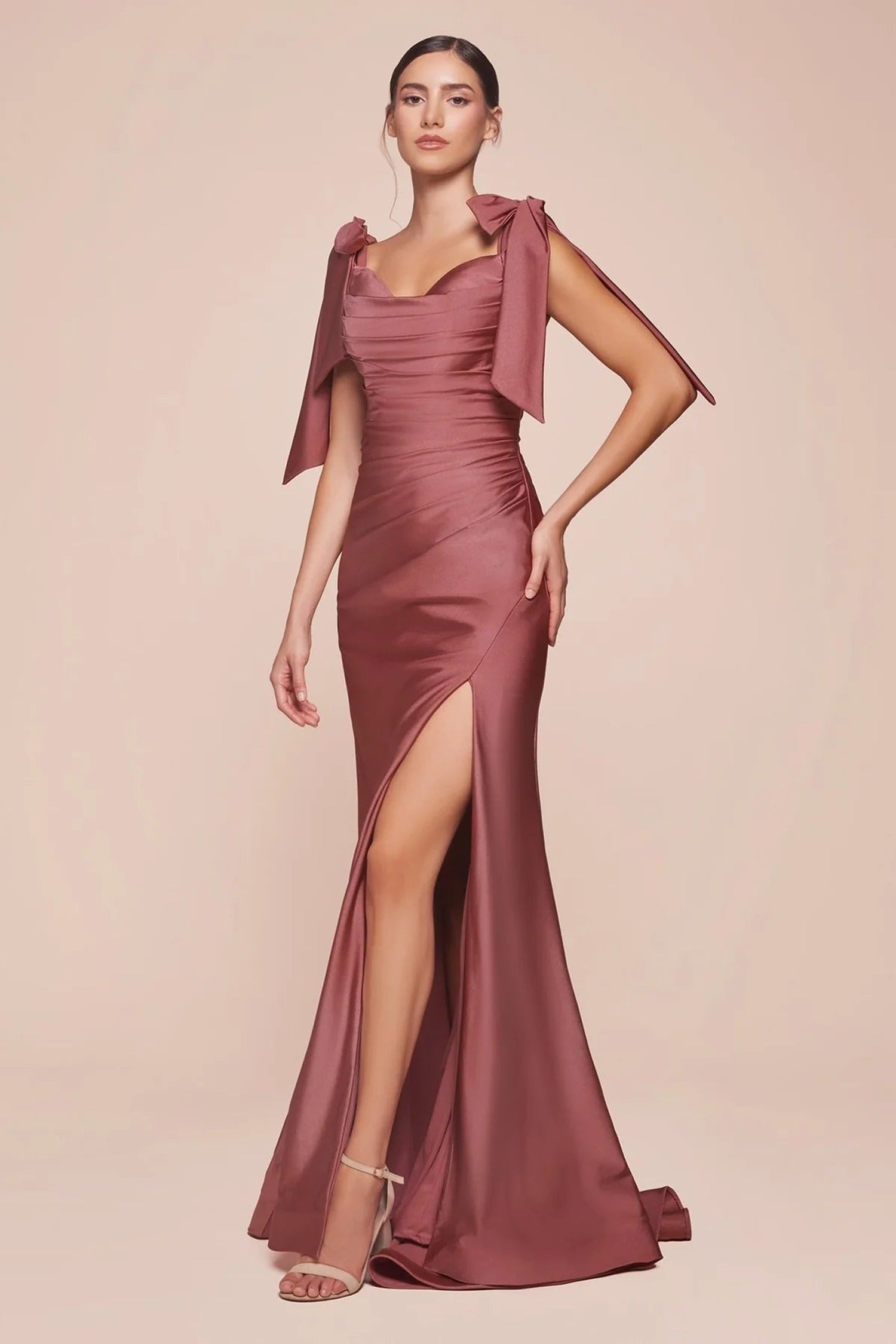 Cinderella Divine - CD943 Off-Shoulder High-Slit Modest Prom Dress
