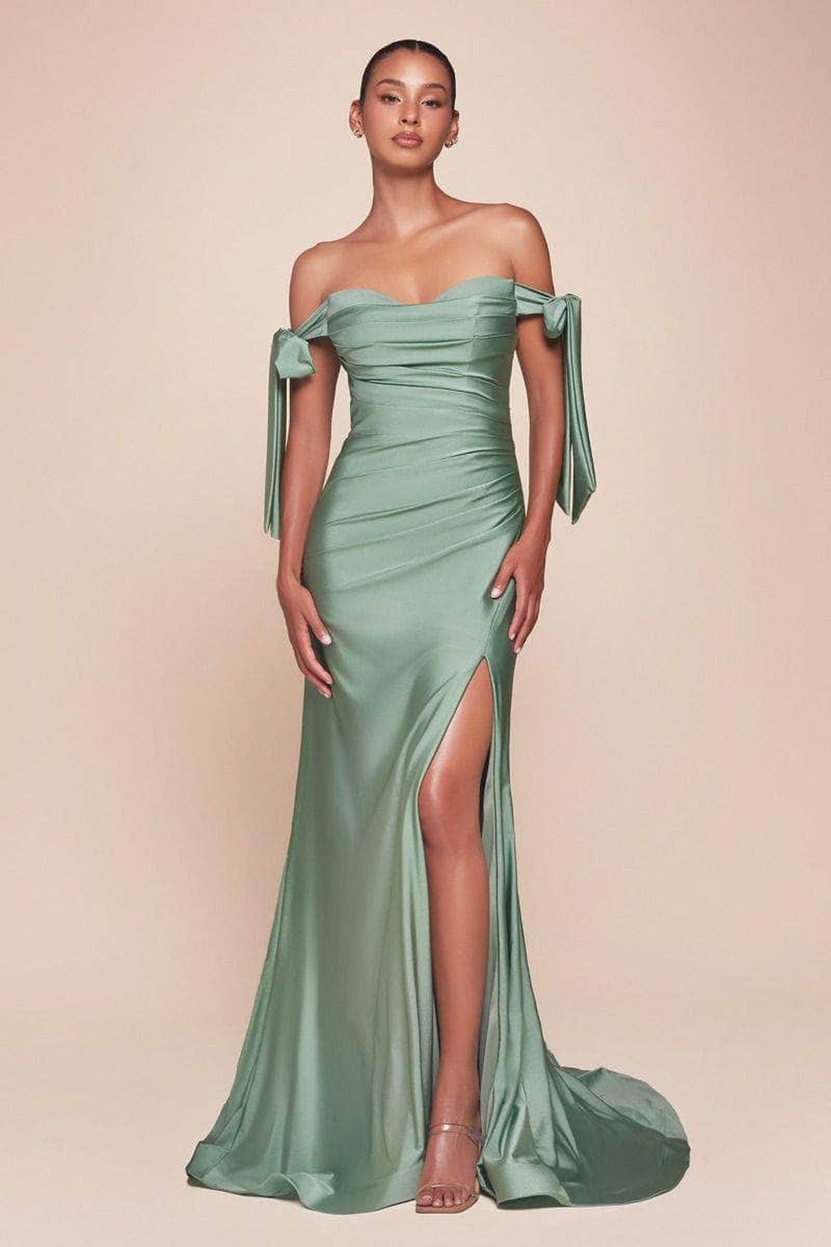 Cinderella Divine - CD943 Off-Shoulder High-Slit Modest Prom Dress
