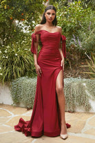 Cinderella Divine - CD943 Off-Shoulder High-Slit Modest Prom Dress - view 4