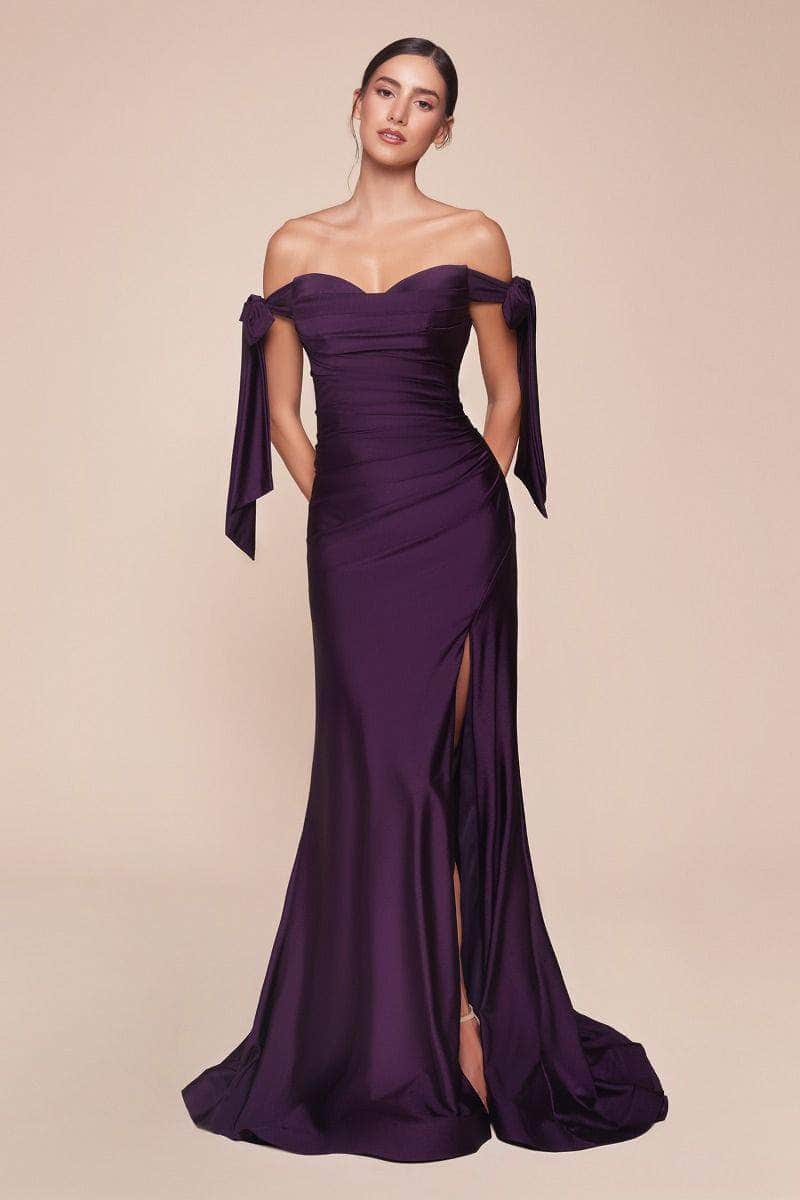 Cinderella Divine - CD943 Off-Shoulder High-Slit Modest Prom Dress - view 15