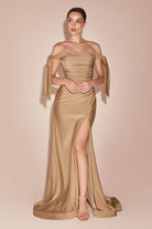 Cinderella Divine - CD943 Off-Shoulder High-Slit Modest Prom Dress - view 10