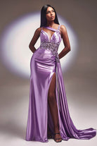 Cinderella Divine CDS415 - Plunging Neckline Side Draped Evening Gown - view 8