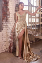 Cinderella Divine CDS440 - Satin Sheath Dress with Beaded Corset Bodice - Silhouette Dresses