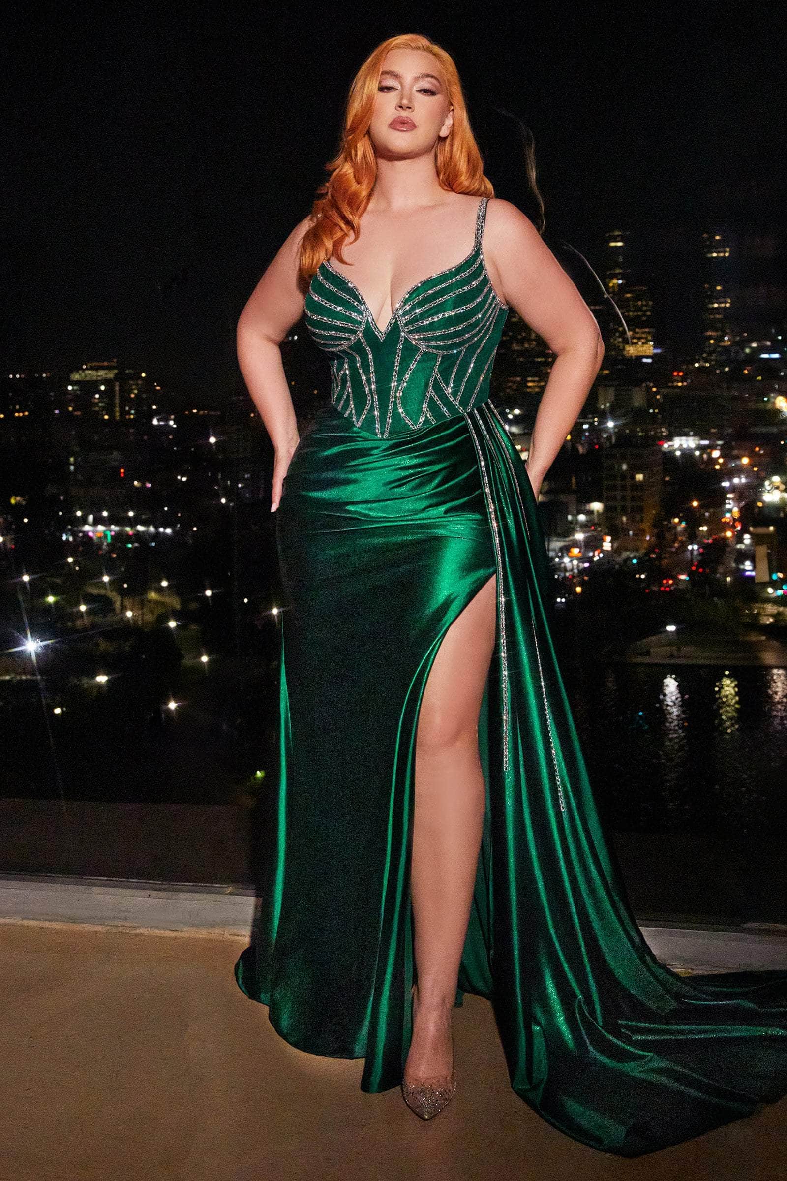 Cinderella Divine CDS440 - Satin Sheath Dress with Beaded Corset Bodice - view 8