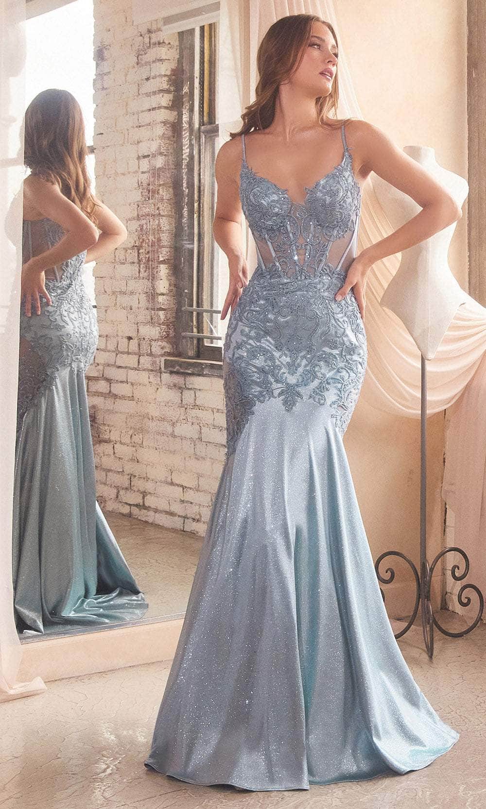 Cinderella Divine CDS470 - Evening Dress with Beaded Illusion Appliques - designer prom dress at Silhouette Dresses