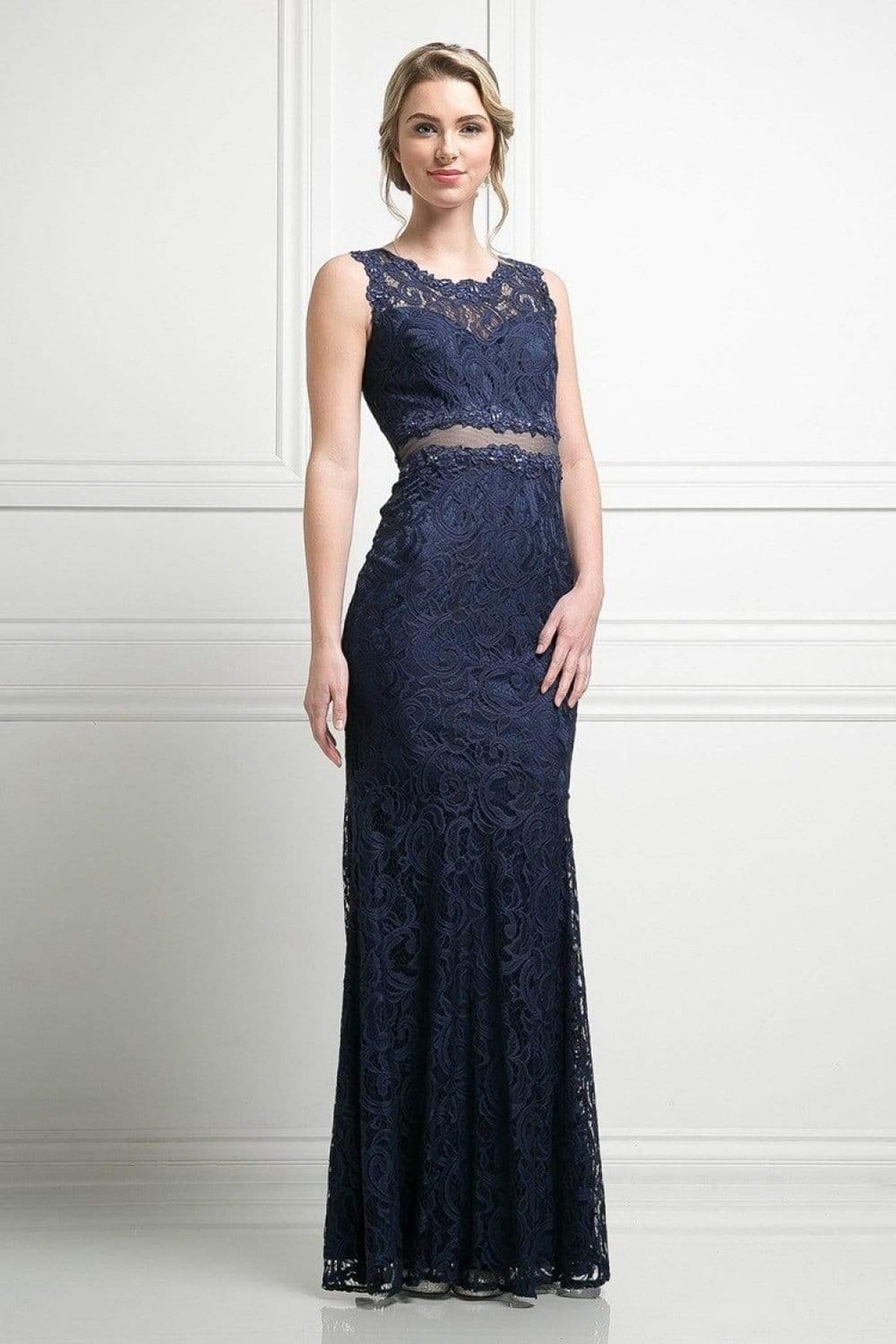 Cinderella Divine - CF067L Floral Lace Mock Two-Piece Sheath Long Formal Dress