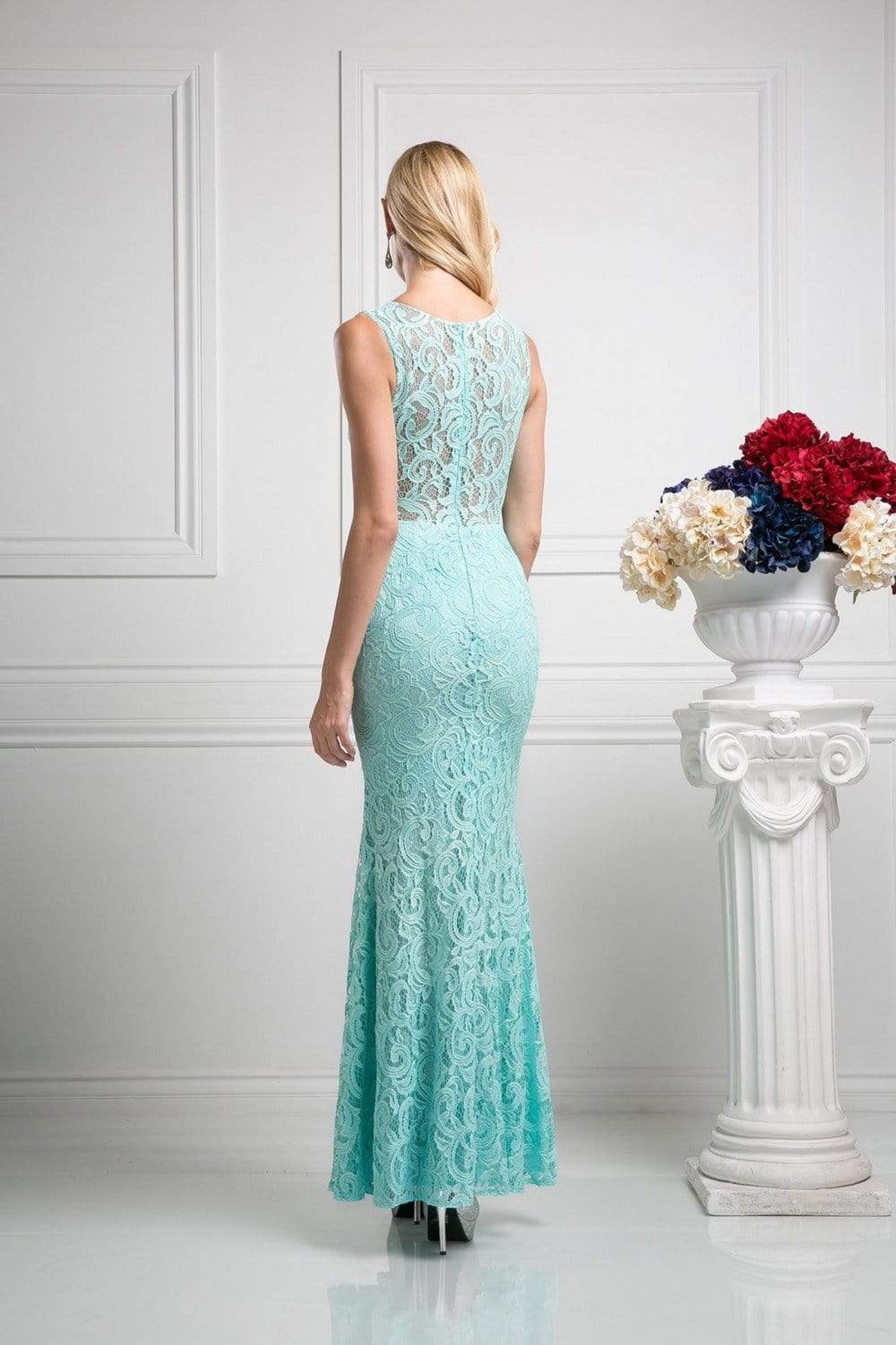Cinderella Divine - CF067L Floral Lace Mock Two-Piece Sheath Long Formal Dress