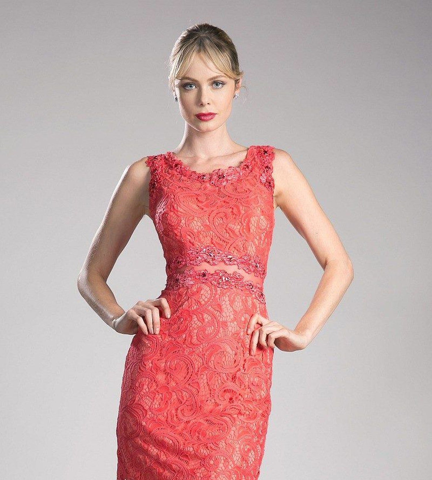 Cinderella Divine - CF067L Floral Lace Mock Two-Piece Sheath Long Formal Dress