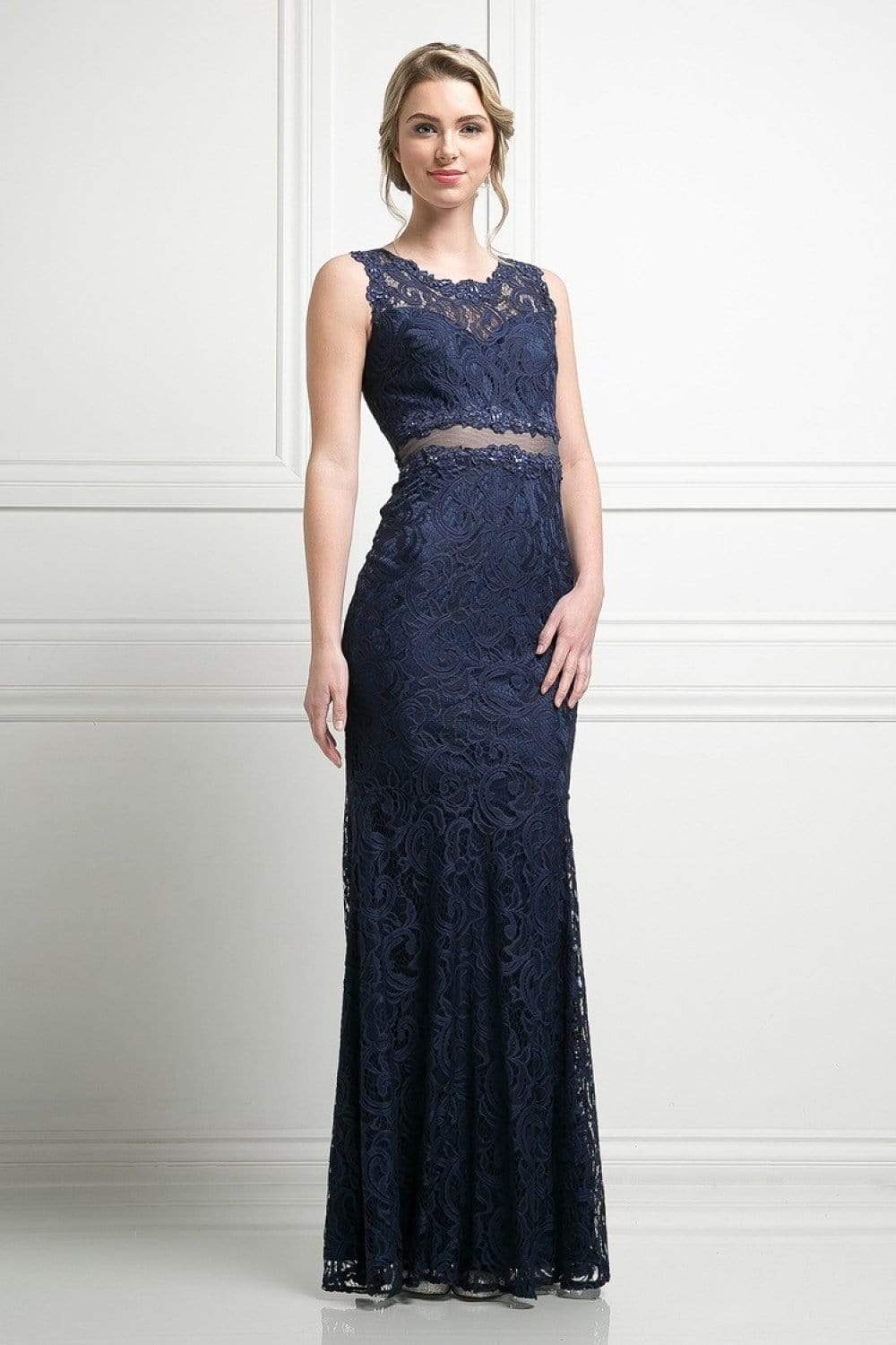 Cinderella Divine - CF067L Floral Lace Mock Two-Piece Sheath Long Formal Dress - back view