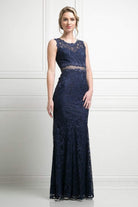 Cinderella Divine - CF067L Floral Lace Mock Two-Piece Sheath Long Formal Dress - back view