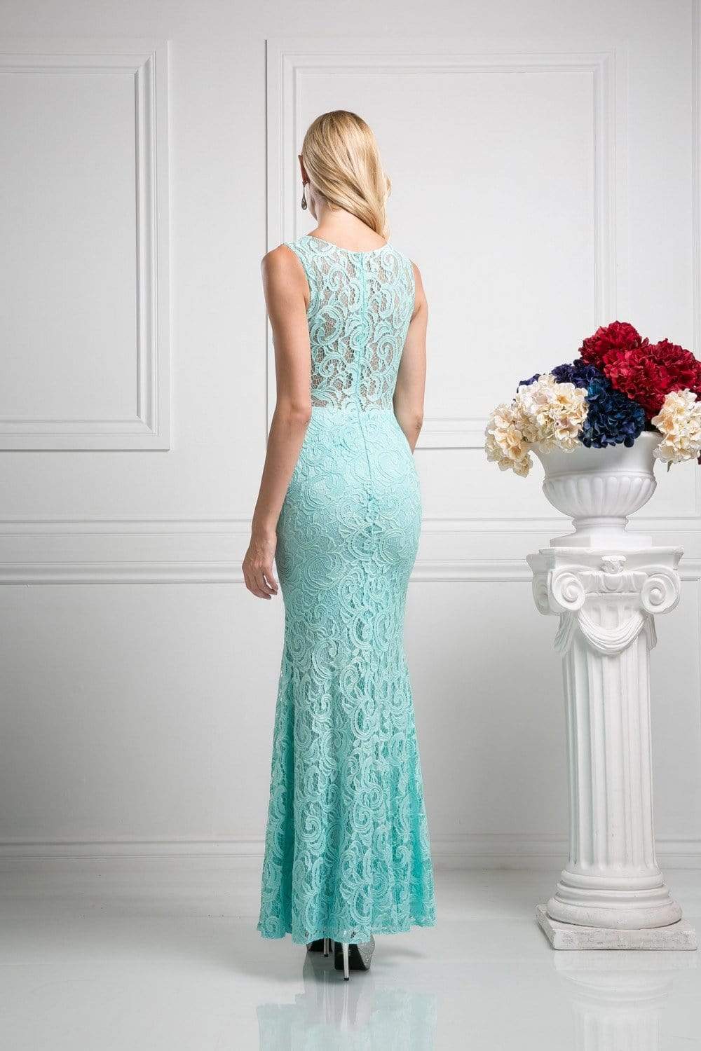 Cinderella Divine - CF067L Floral Lace Mock Two-Piece Sheath Long Formal Dress - view 7