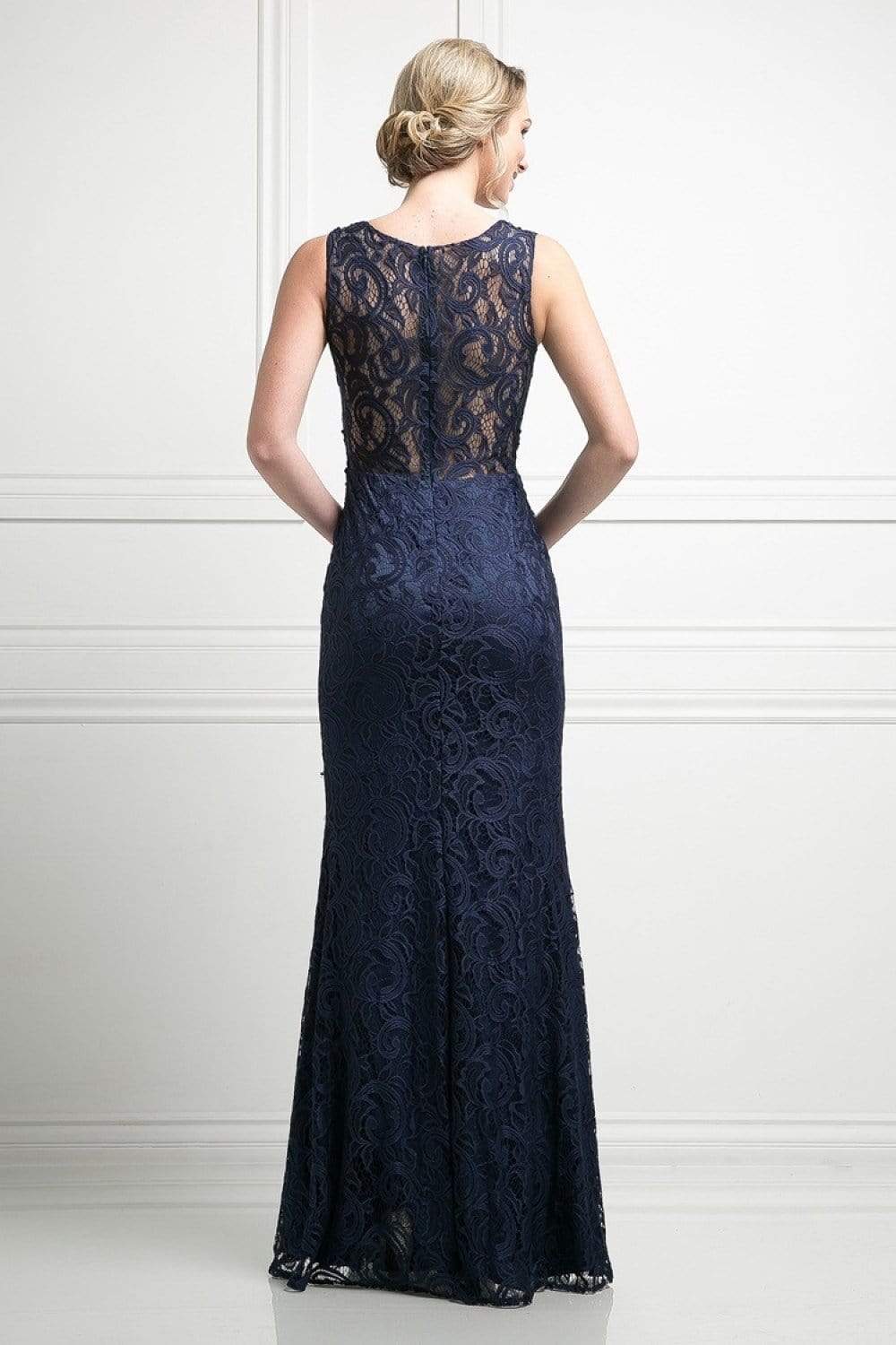 Cinderella Divine - CF067L Floral Lace Mock Two-Piece Sheath Long Formal Dress - detail view
