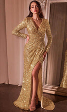 Cinderella Divine CH054 - Surplice V-Neck Long Sleeve Prom Gown
