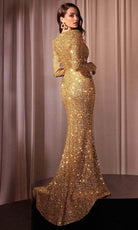 Cinderella Divine CH054 - Surplice V-Neck Long Sleeve Prom Gown - detail view