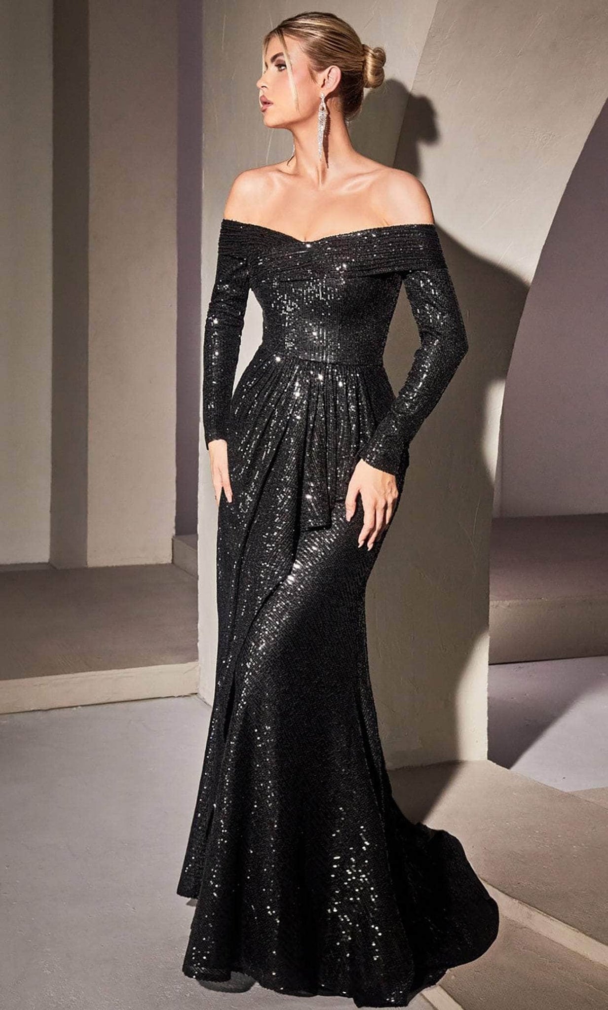 Cinderella Divine CH135 - Off-Shoulder Crisscross Evening Gown - designer prom dress at Silhouette Dresses