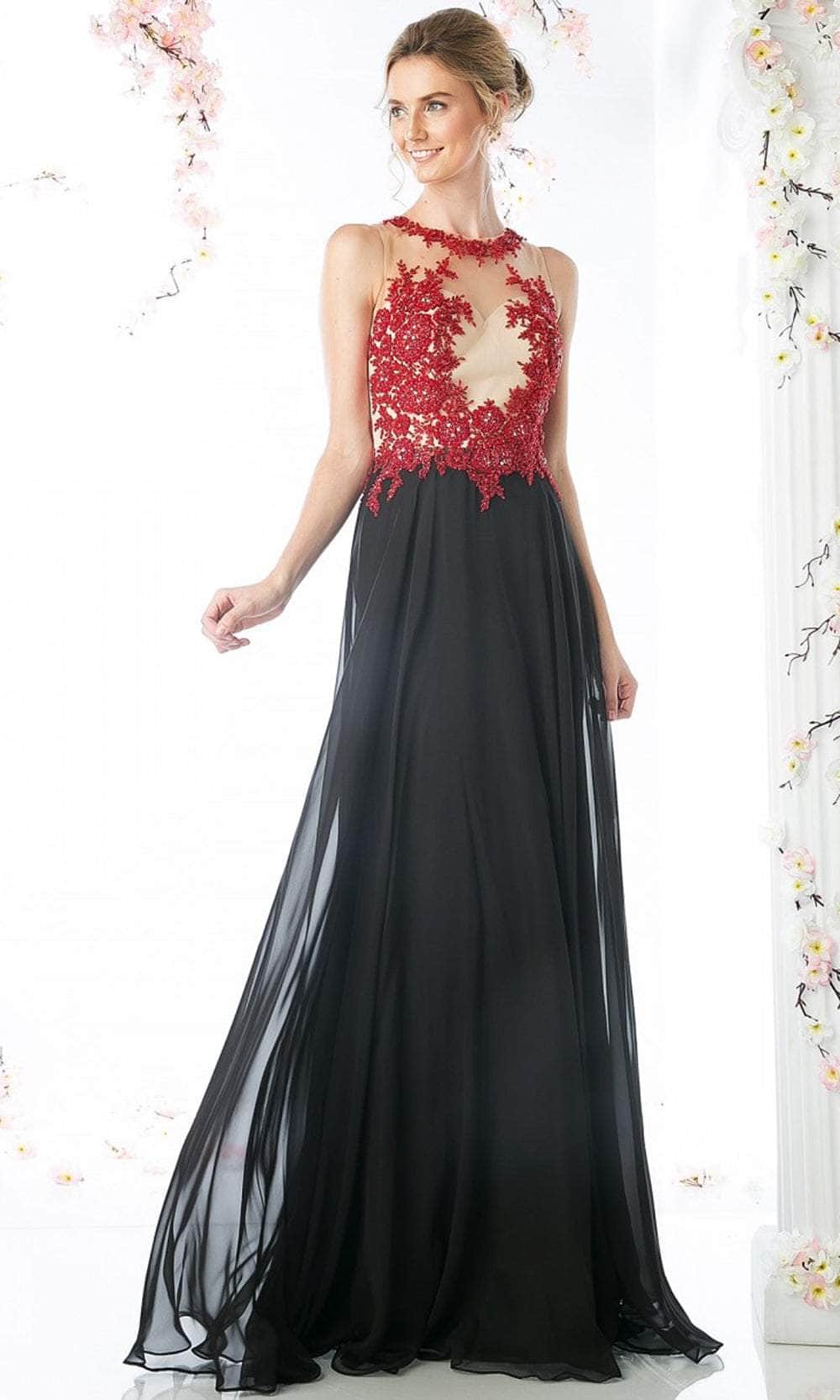 Cinderella Divine CJ111 - Embroidered Lace Chiffon A-line Dress - designer evening gown at Silhouette Dresses