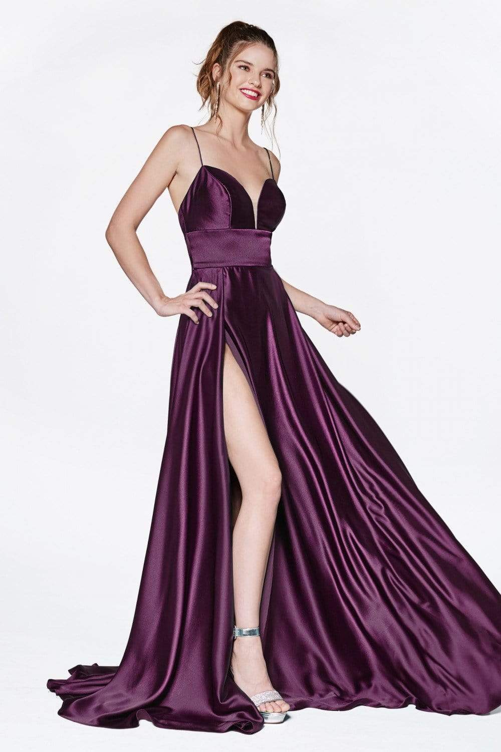 Cinderella Divine - CJ523 Sweetheart Neckline High Slit Satin Gown - view 9
