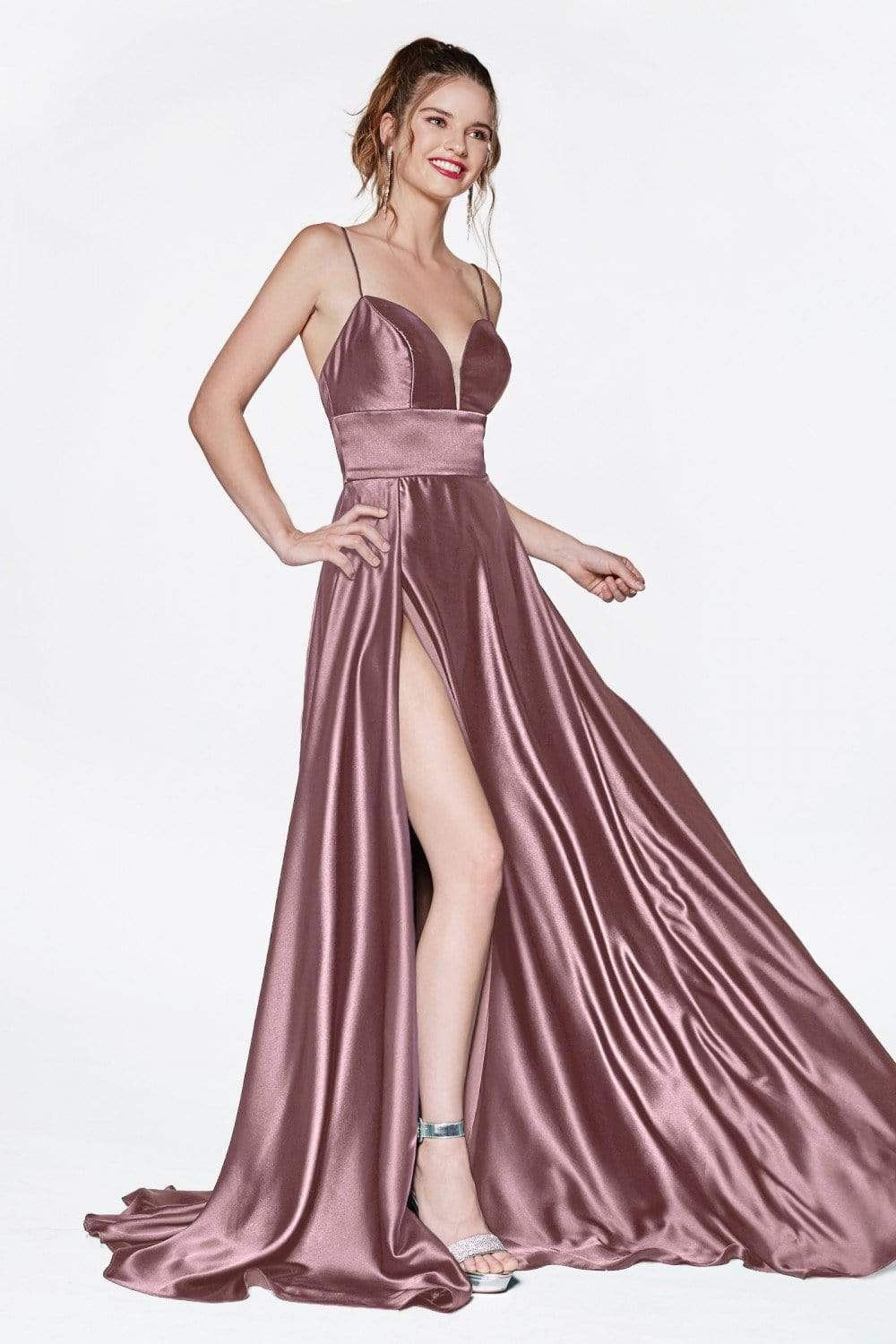 Cinderella Divine - CJ523 Sweetheart Neckline High Slit Satin Gown - view 11