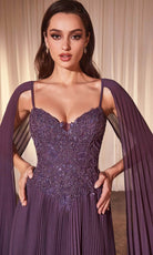 Cinderella Divine CJ937 - Pleated Cape Sleeve Prom Gown - detail view