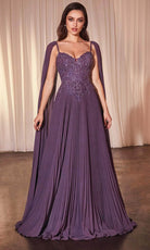 Cinderella Divine CJ937 - Pleated Cape Sleeve Prom Gown - Silhouette Dresses