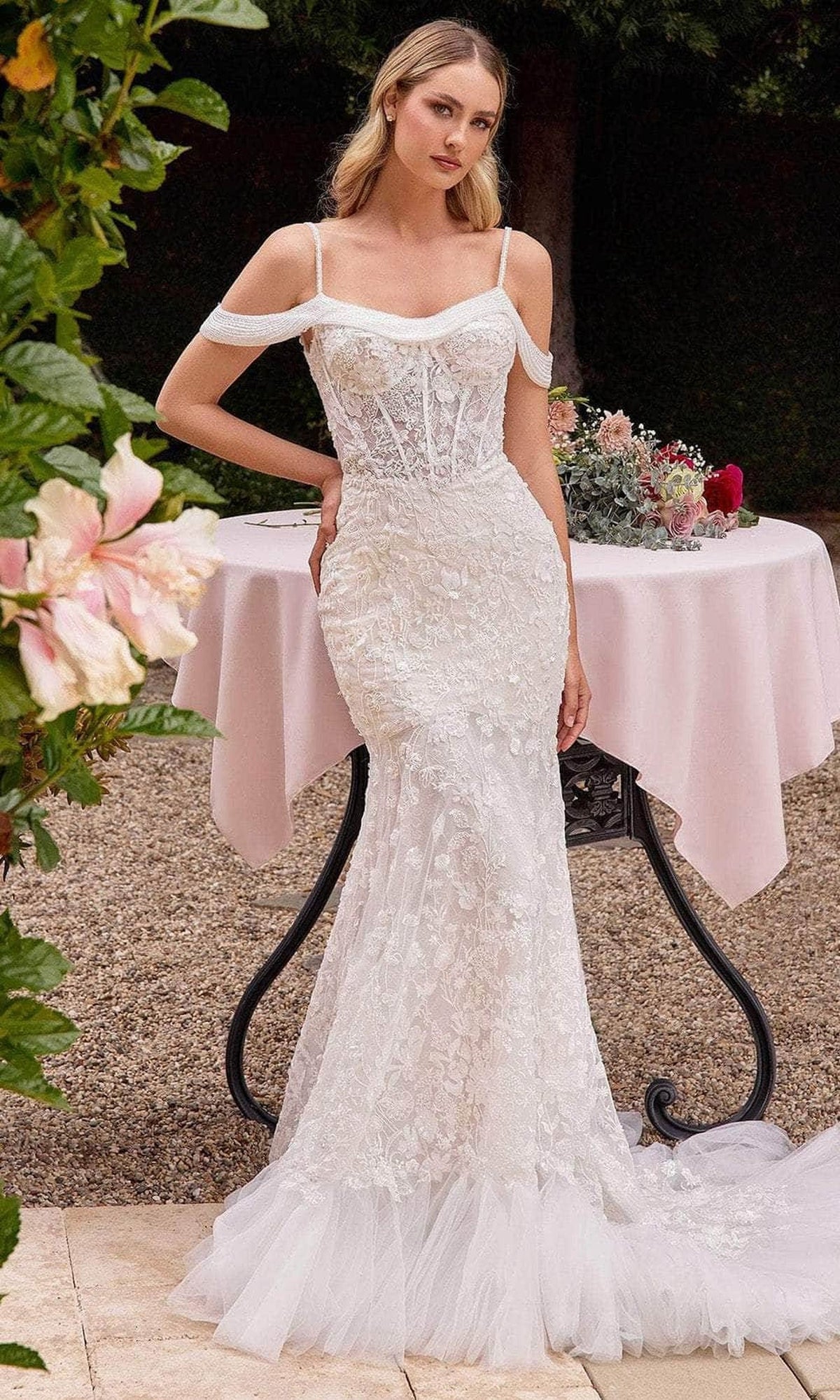 Cinderella Divine CK703W - Embroidered Spaghetti Straps Bridal Gown