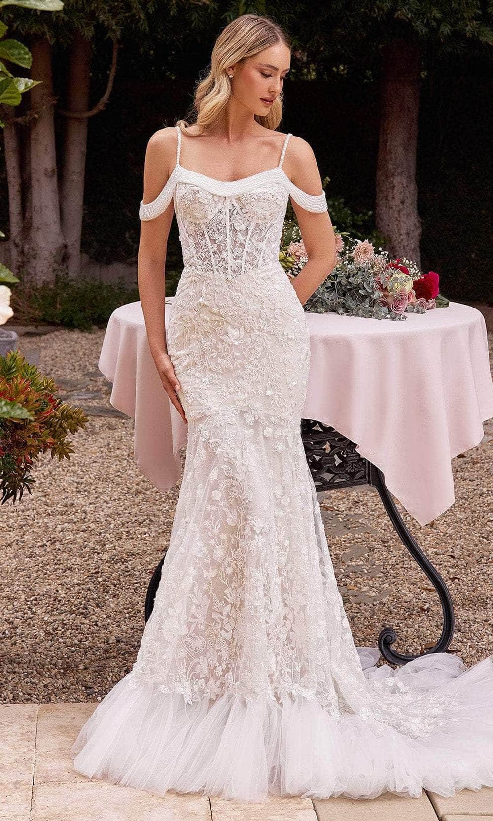 Cinderella Divine CK703W - Embroidered Spaghetti Straps Bridal Gown - Silhouette Dresses