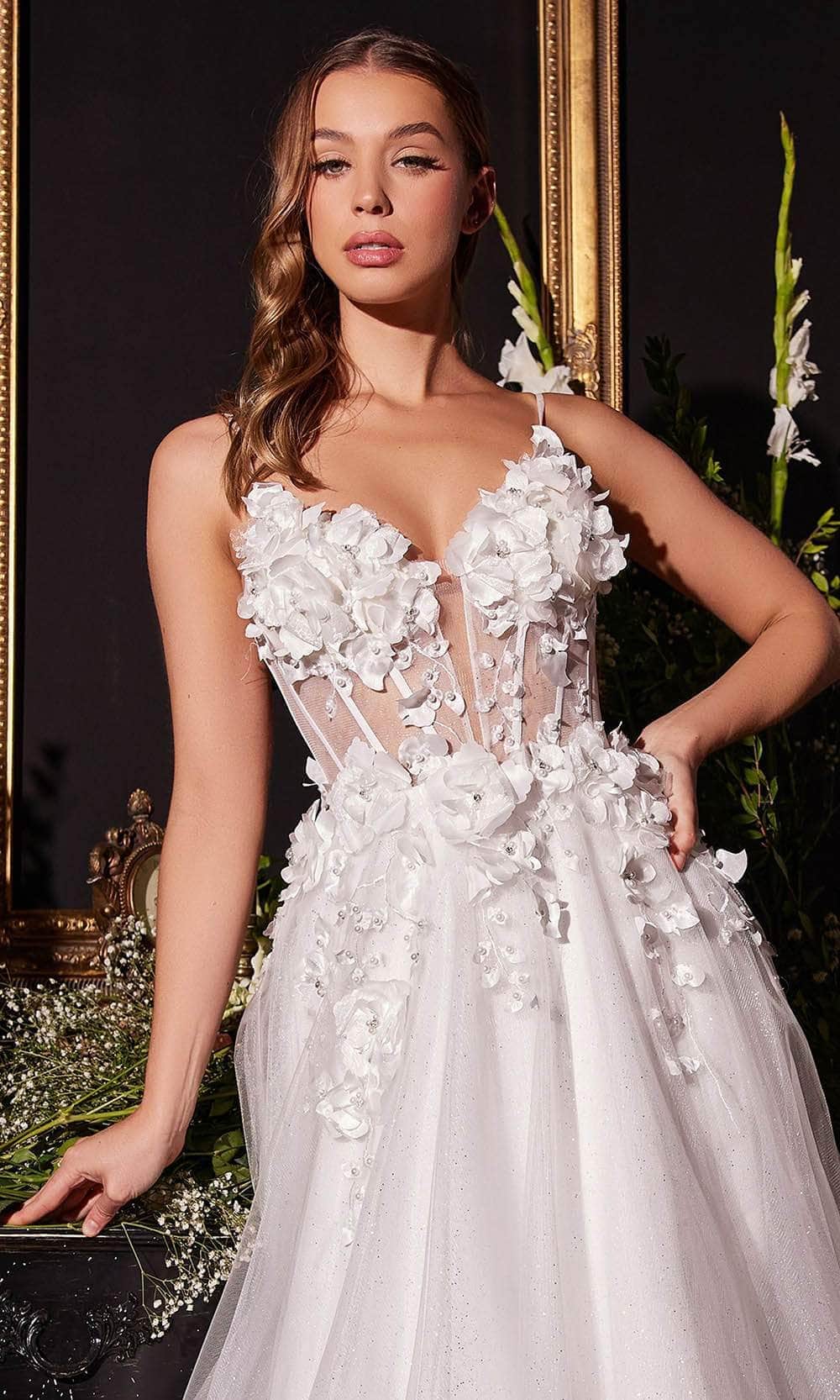 Cinderella Divine CM321W - Sleeveless Bridal Gown with Floral Details - detail view
