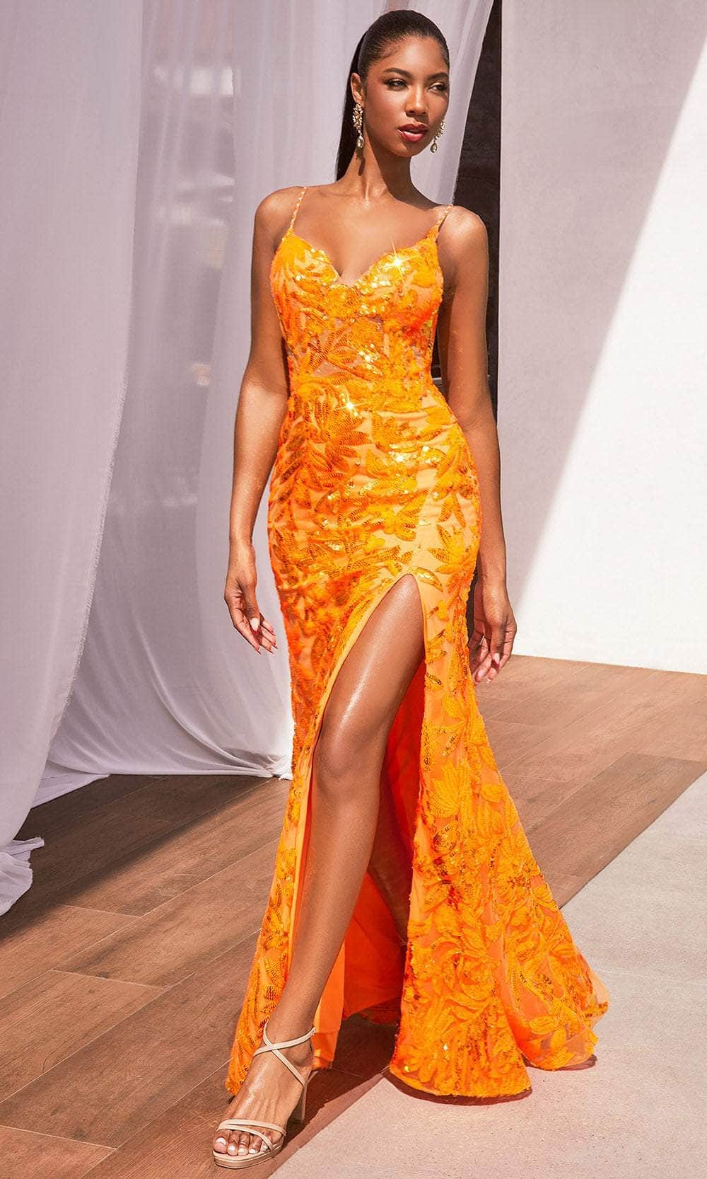 Cinderella Divine CM350 - V-Neck Gown with Thigh-High Slit - detail view