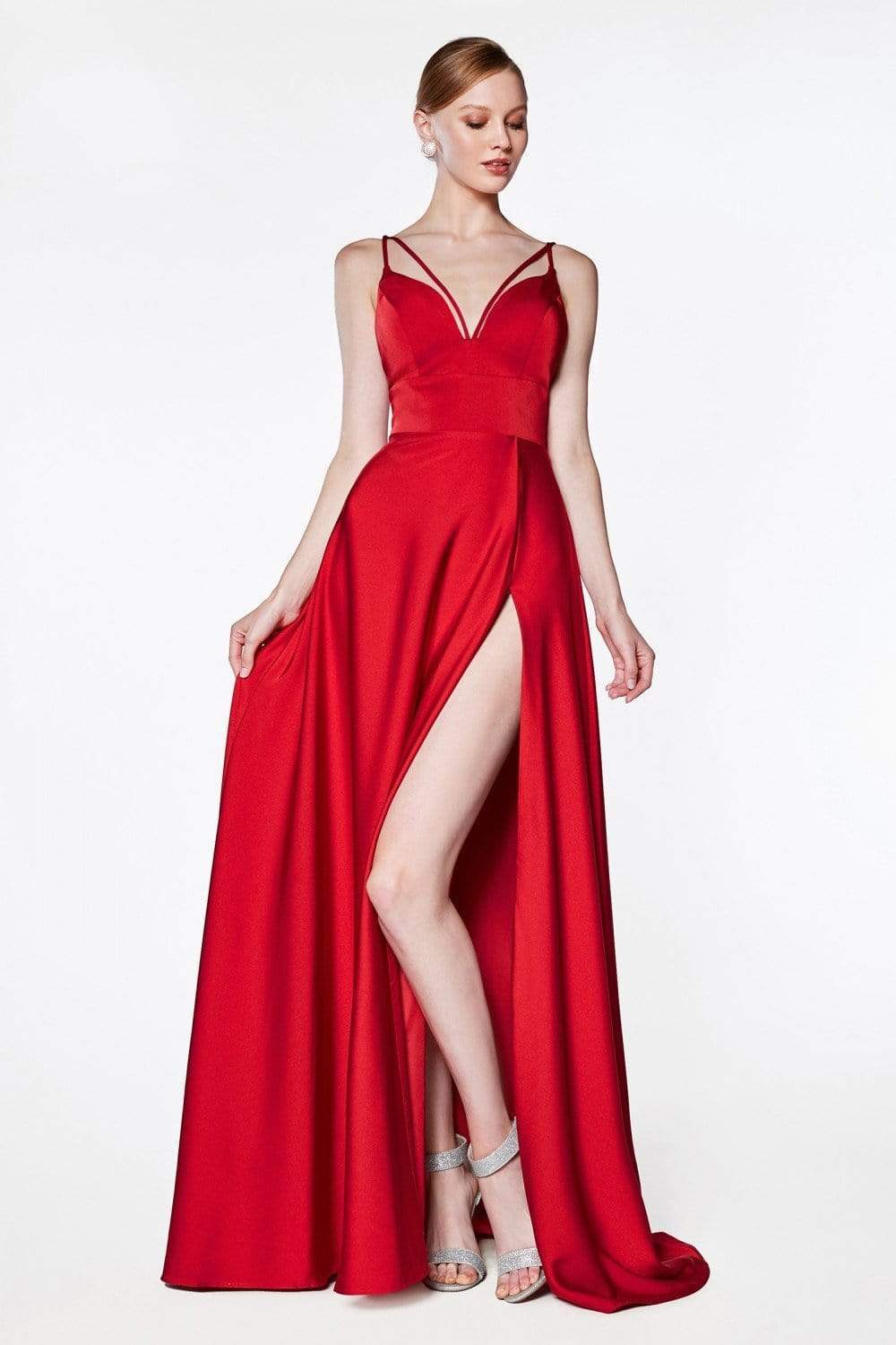 Cinderella Divine - CS034 Plunging V-neck A-line Gown With Train - view 4