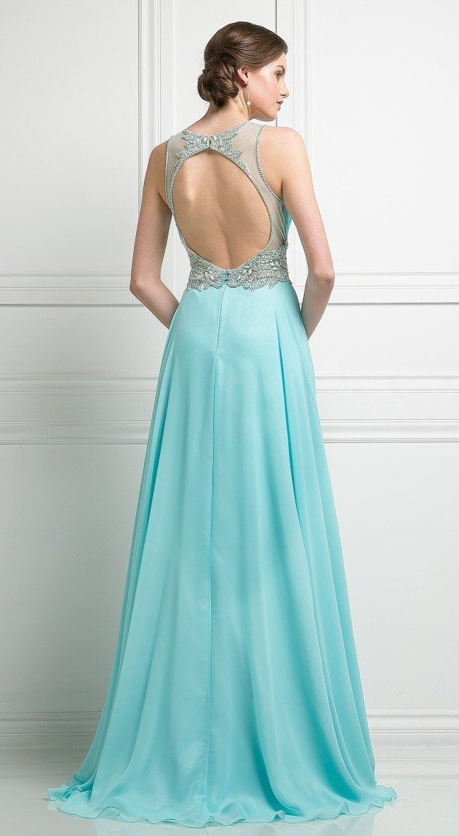 Cinderella Divine - Embellished Illusion Bateau Chiffon A-line Dress - back view