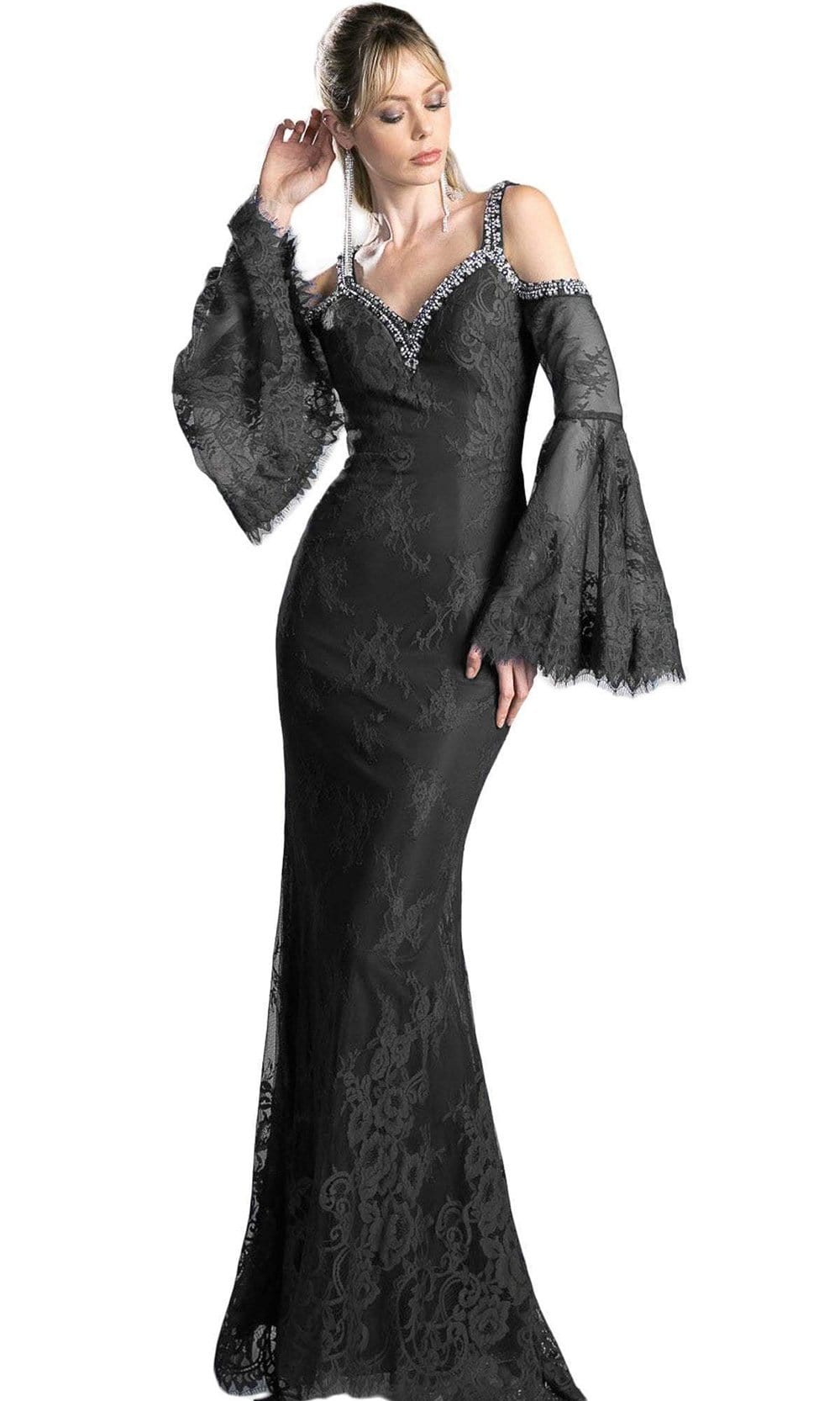 Cinderella Divine 13112 - Embellished Lace Long Bell Sleeve Sheath Dress - designer evening gown at Silhouette Dresses