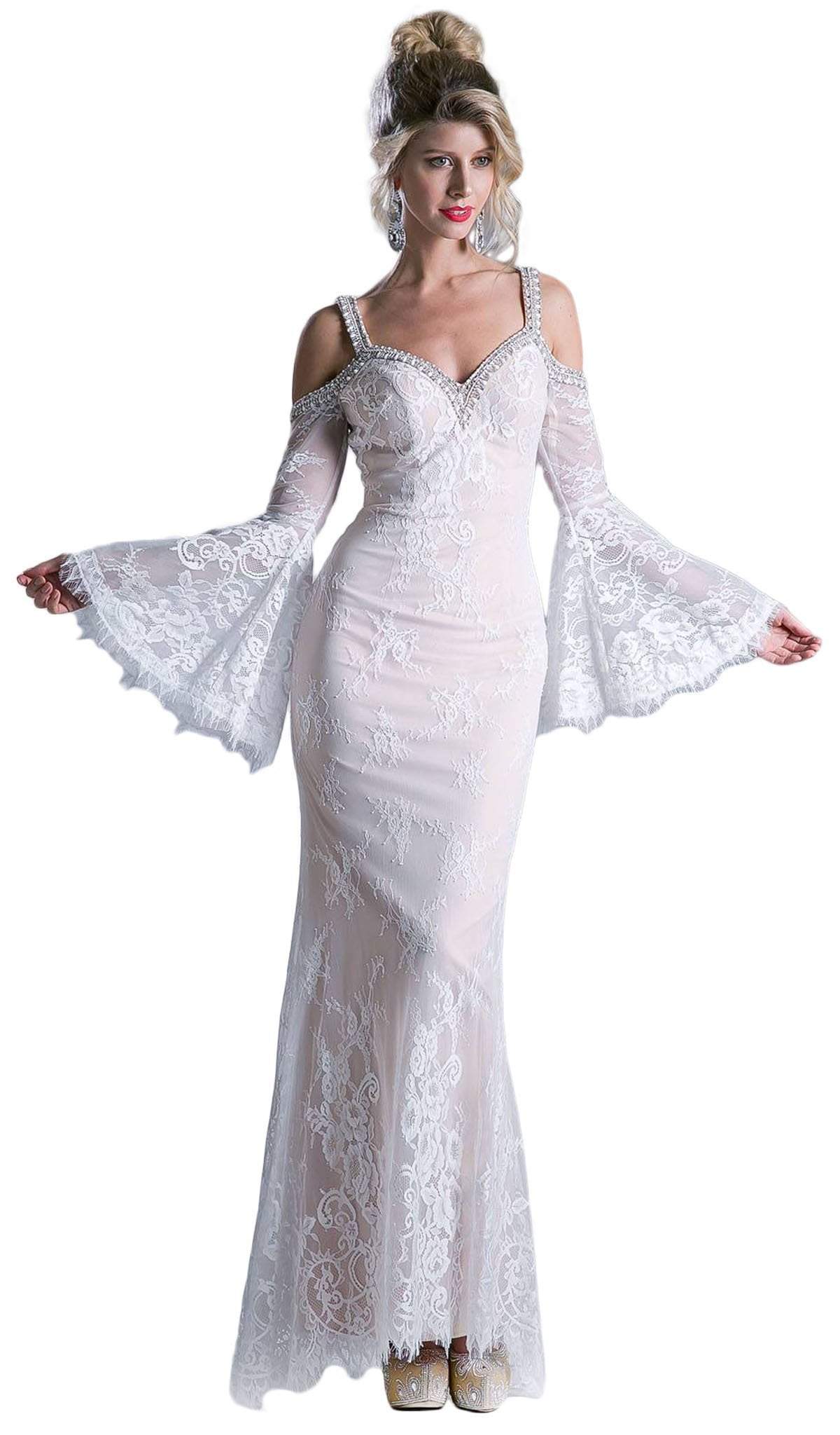 Cinderella Divine 13112 - Embellished Lace Long Bell Sleeve Sheath Dress - back view