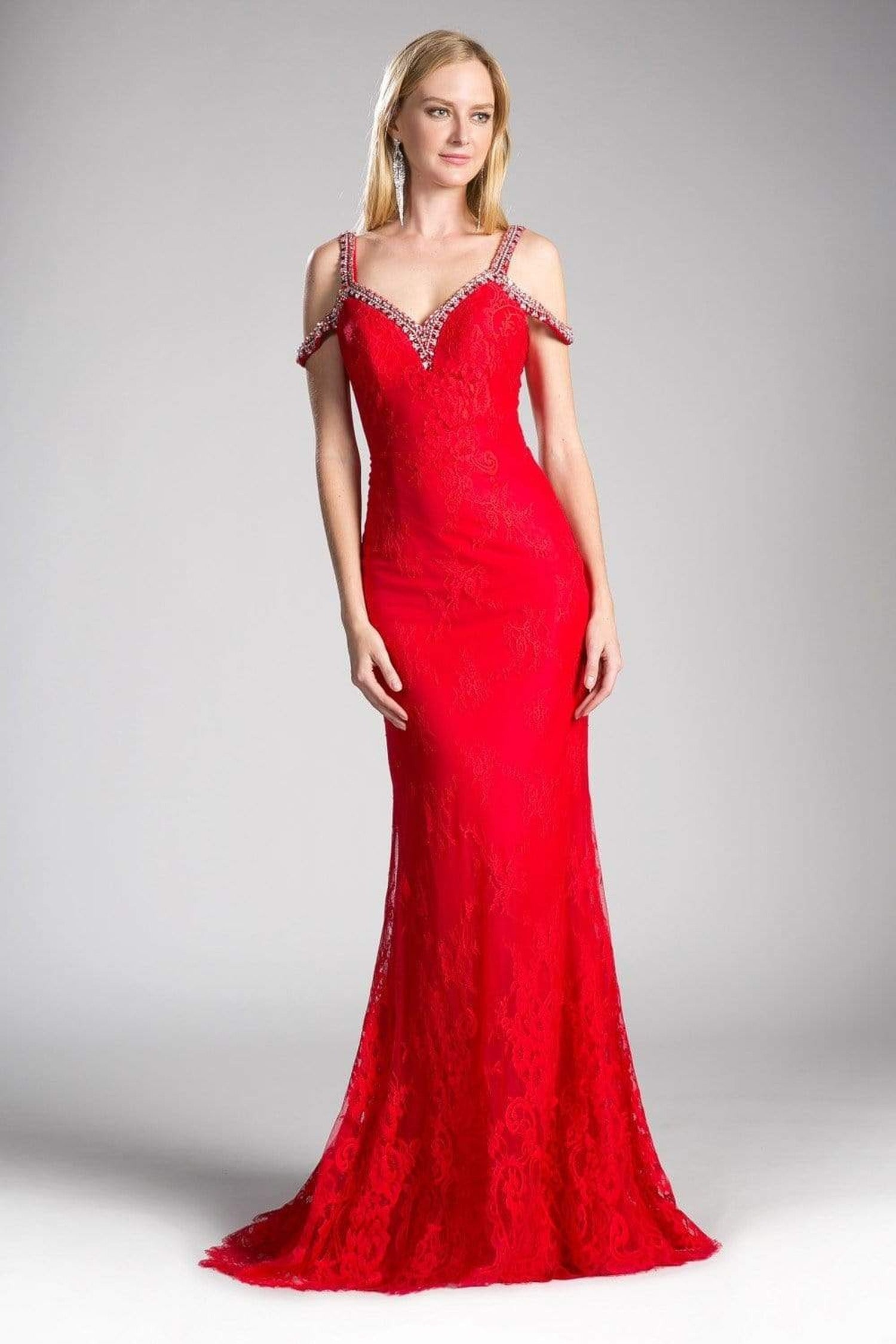 Cinderella Divine - Embellished Strappy V-neck Lace Fitted Dress