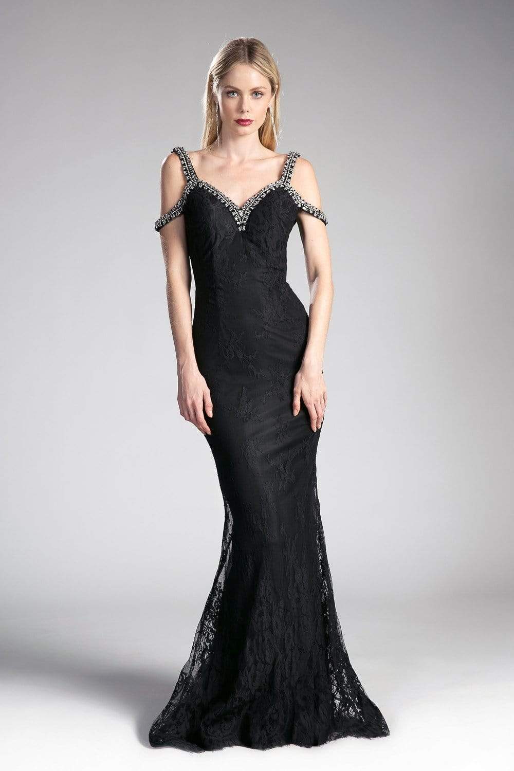 Cinderella Divine - Embellished Strappy V-neck Lace Fitted Dress - designer prom dress at Silhouette Dresses