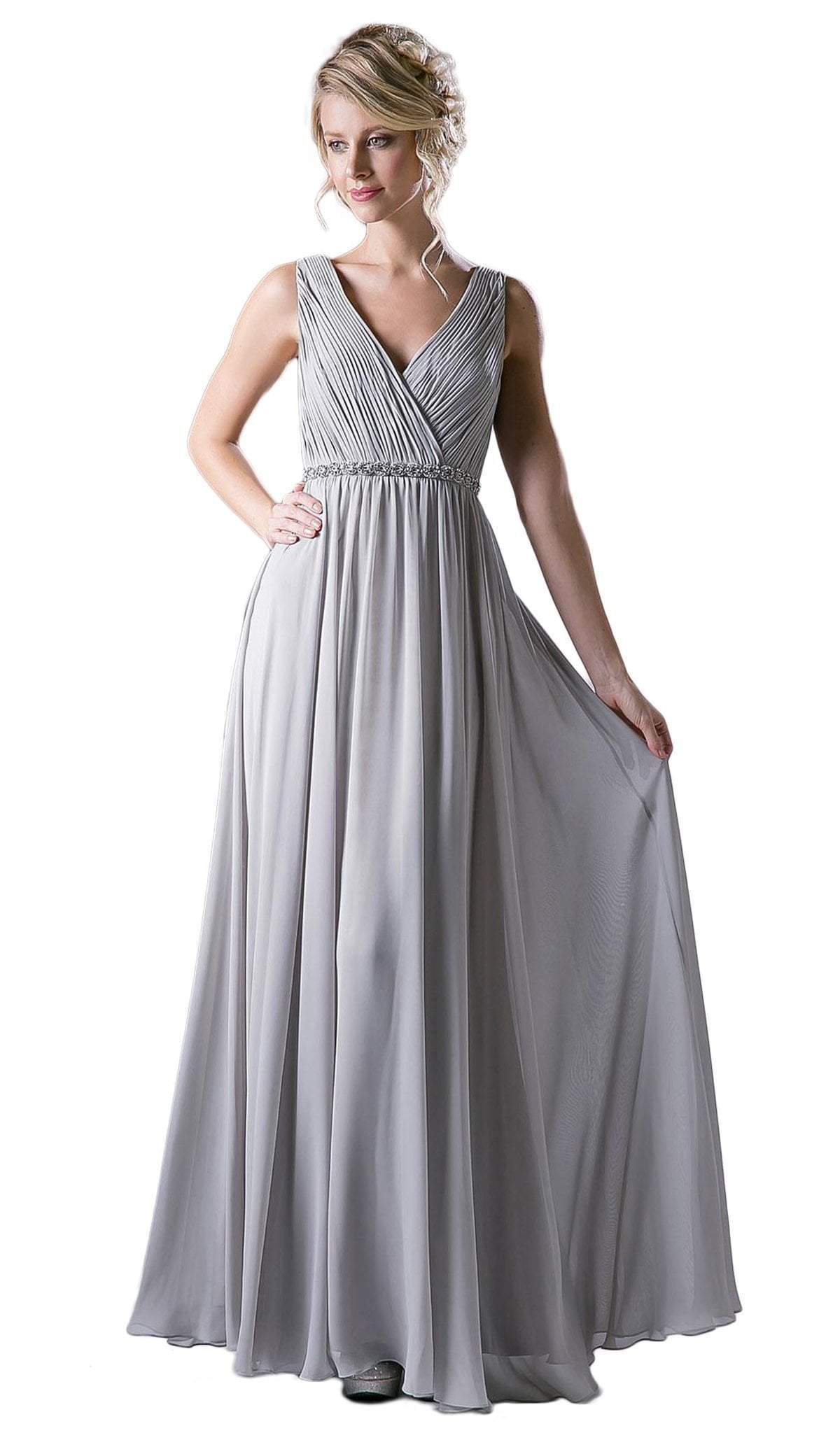 Cinderella Divine - Embellished Surplice Pleated V-neck A-line Dress - designer evening gown at Silhouette Dresses